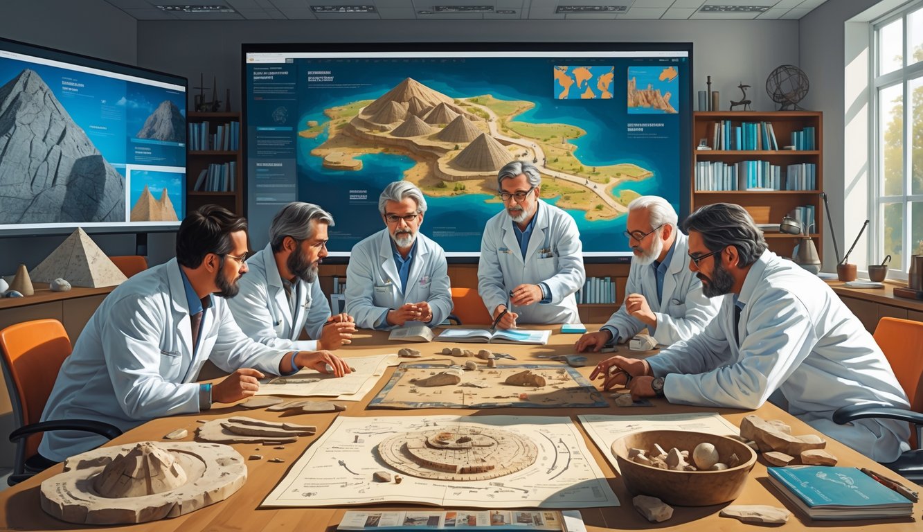 A group of archaeologists and scientists engaged in a lively discussion around a table covered with artifacts and maps related to historical sites in Bosnia and Herzegovina.