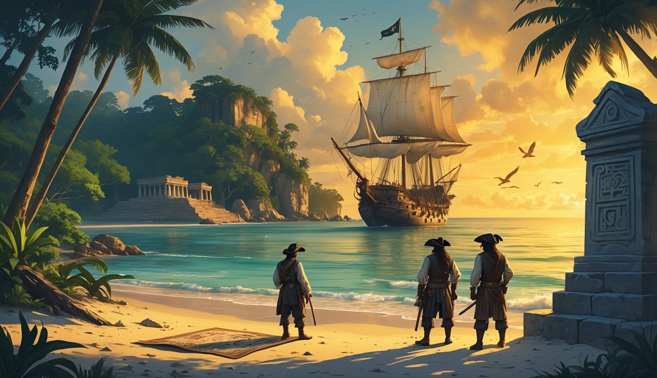 A pirate ship near a tropical Belizean coast with pirates on the beach examining a treasure map, surrounded by jungle and ancient ruins.