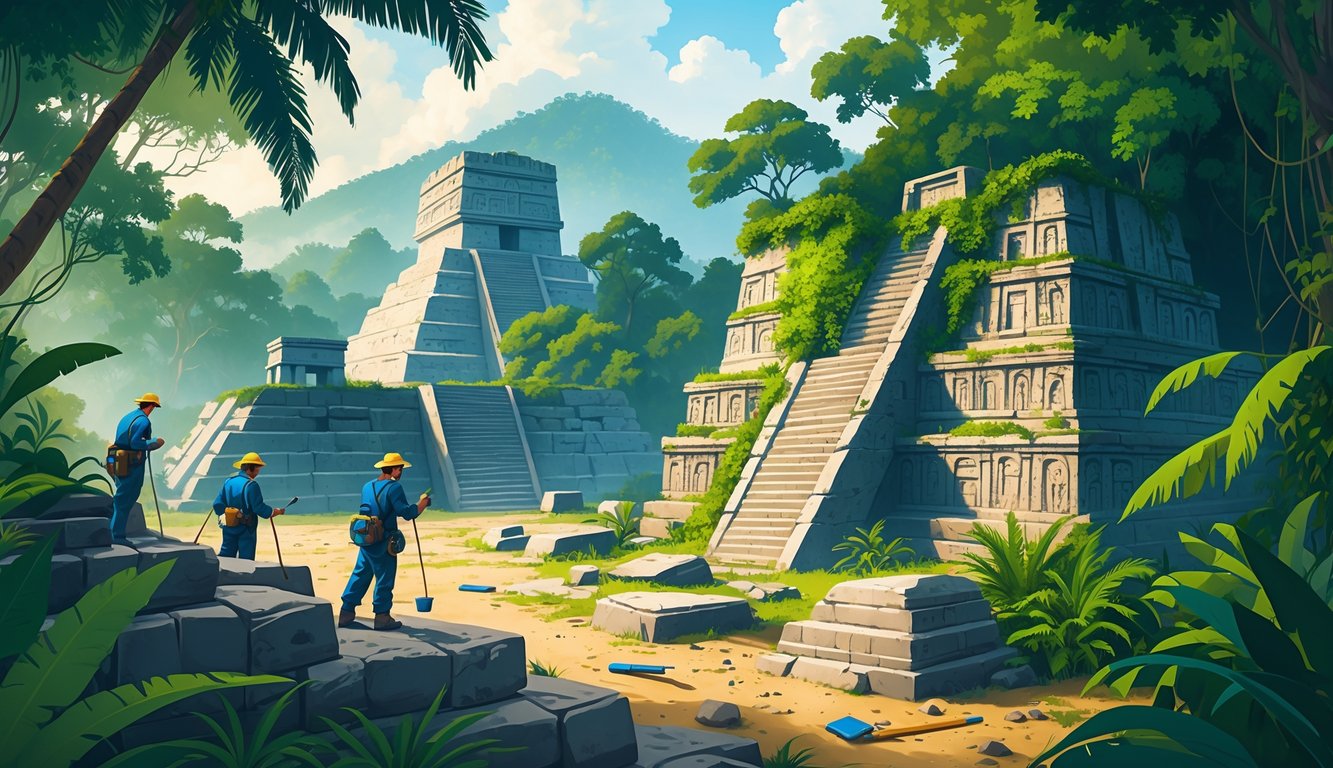 Archaeologists excavating ancient Mayan ruins surrounded by dense jungle and stone pyramids in Belize.