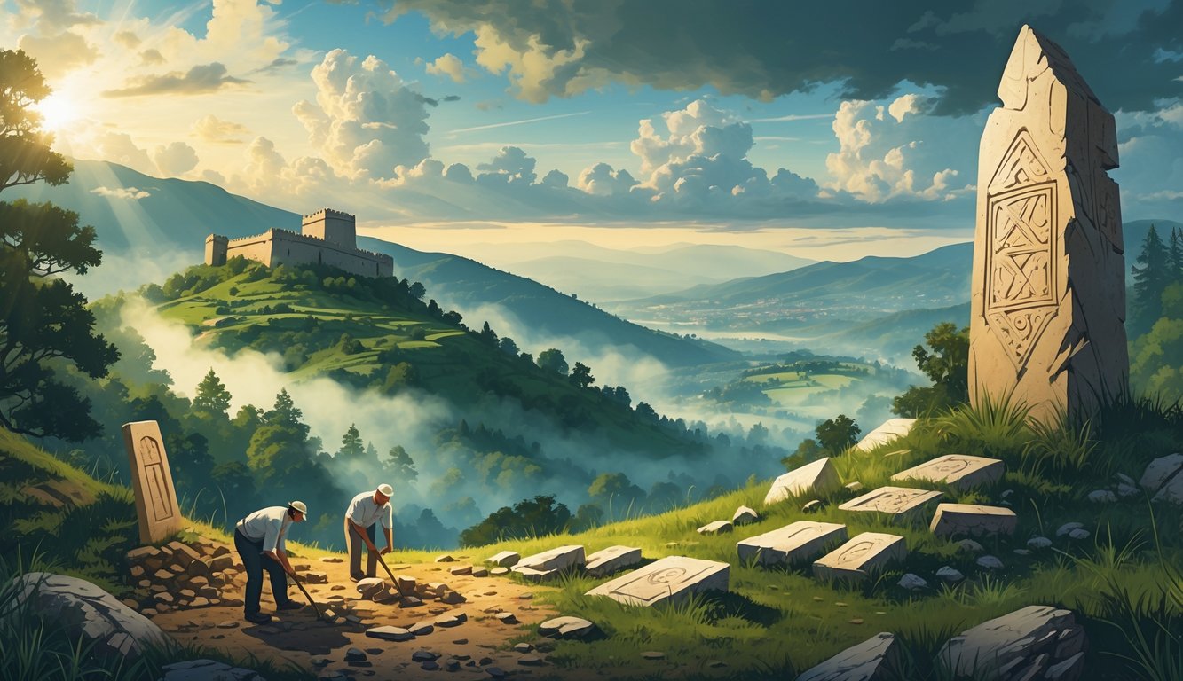 A landscape showing a medieval fortress on a hill, archaeologists digging up ancient artifacts, mysterious carved tombstones, and an ancient city in the background under a dramatic sky.