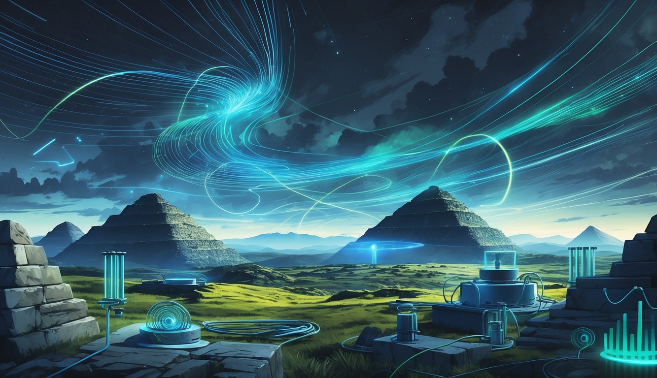 A landscape showing pyramidal hills and ancient stone structures with glowing energy waves and scientific instruments emitting light, symbolizing electromagnetic phenomena and alternative energy mysteries.