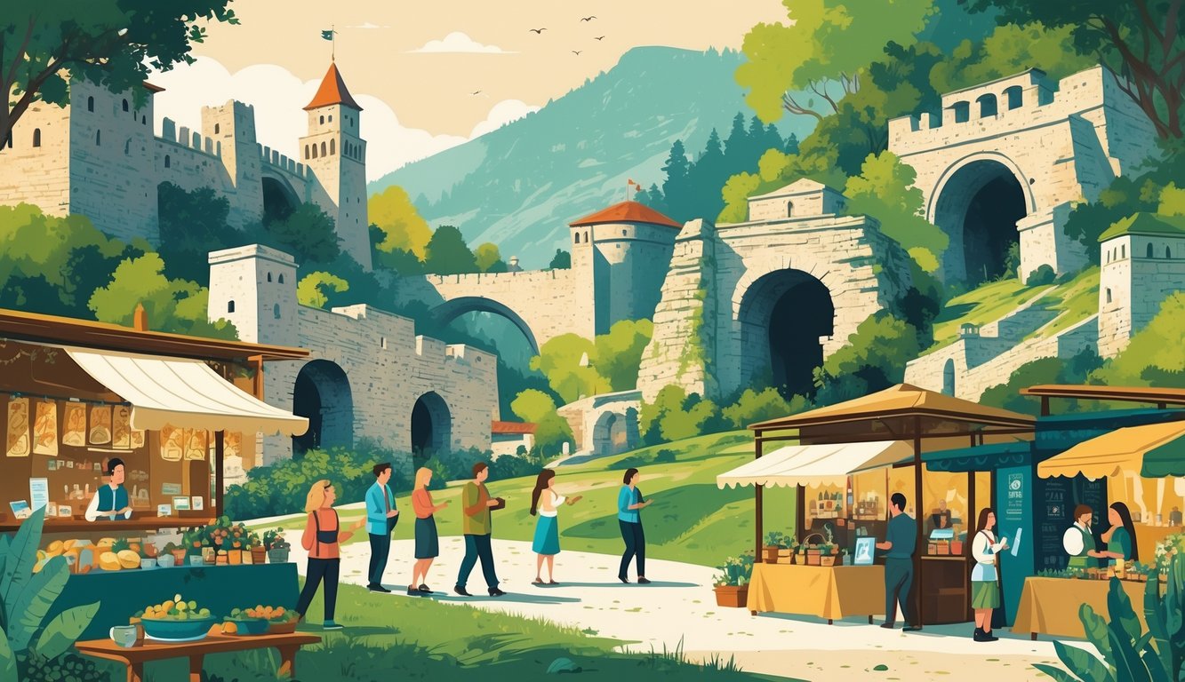 A vibrant scene showing tourists exploring historical landmarks in Bosnia and Herzegovina, local artisans selling crafts, and modern city elements blending with ancient sites.