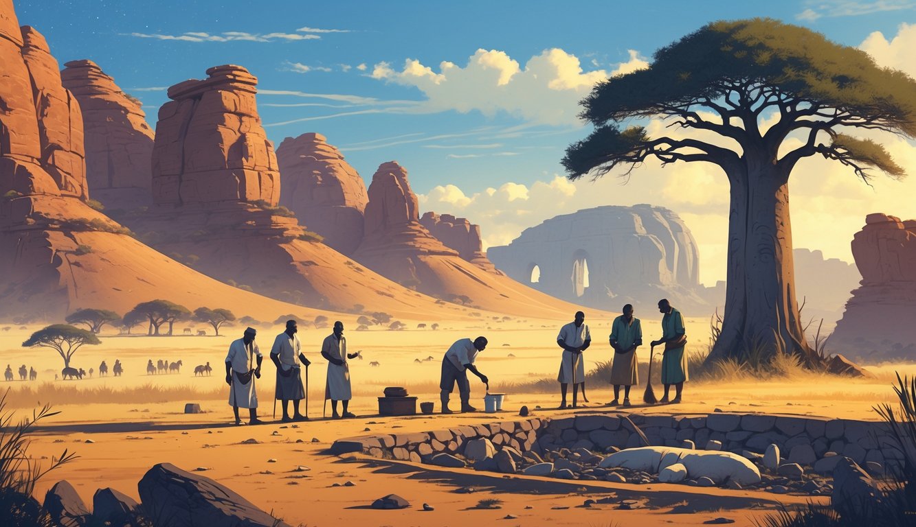 A desert landscape with ancient rock art on hills, archaeologists examining artifacts near a burial site, and a tall baobab tree under a clear sky.
