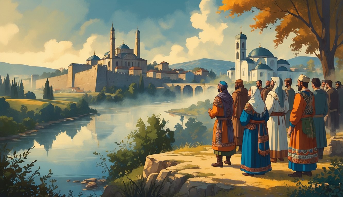 A landscape showing historic buildings and diverse people in traditional clothing representing different religions and cultures in Bosnia and Herzegovina, surrounded by hills and a river with a misty atmosphere.