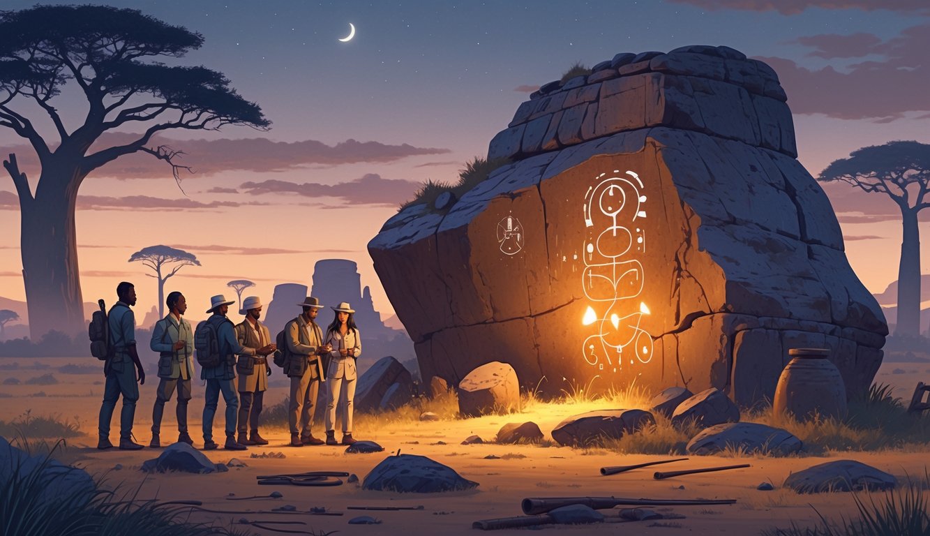 A group of explorers examining an ancient carved rock formation surrounded by baobab trees in Botswana at twilight.
