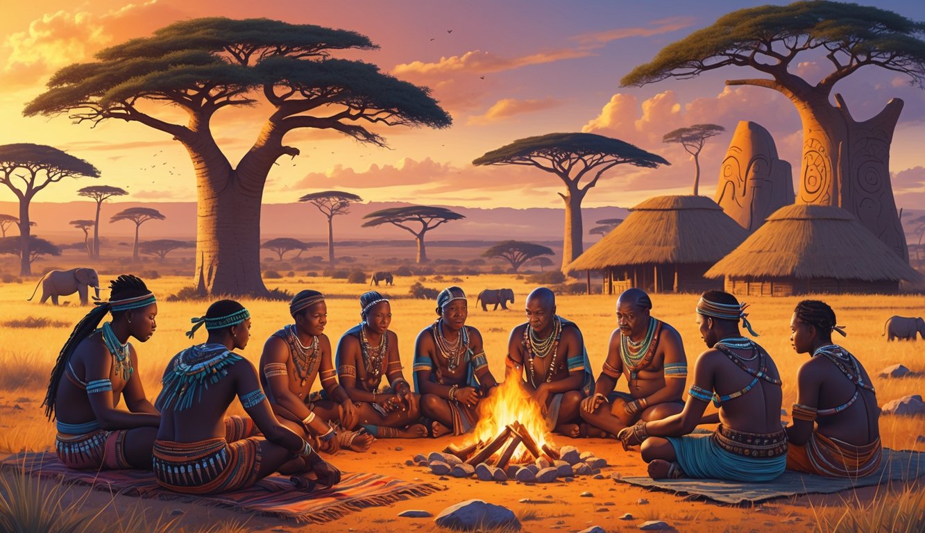 A group of Botswana tribal elders in traditional clothing sit around a fire in a savanna landscape with baobab trees, ancient rock art, and animals like elephants and lions nearby.