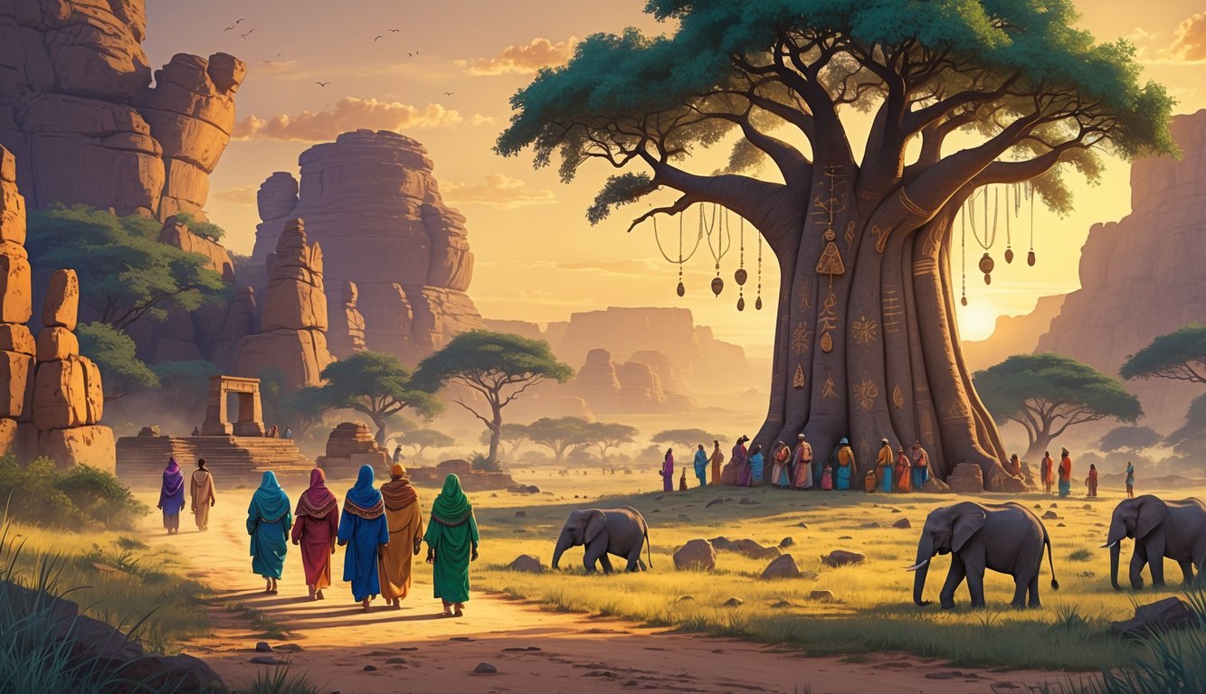 A group of pilgrims walking toward a large baobab tree surrounded by ancient stone ruins and rock carvings in a lush Botswana landscape at sunset.
