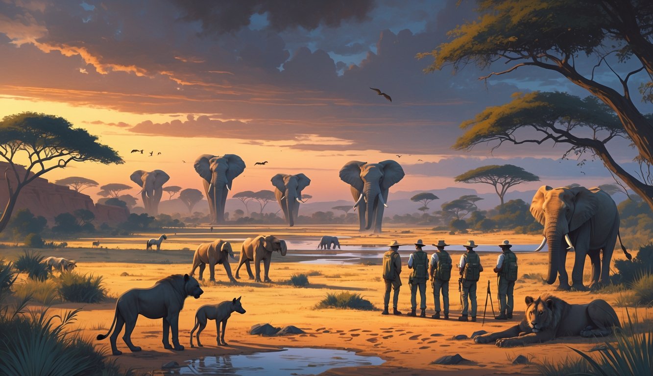 A group of researchers studying ancient rock paintings and animal tracks near a waterhole in Botswana's savannah, surrounded by elephants, lions, and dense vegetation with a sunset sky and mysterious cave entrances in the background.