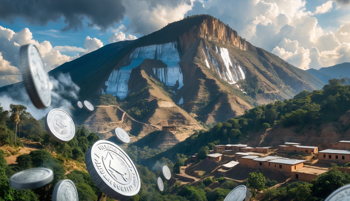 A mountain with mining tunnels surrounded by forests and villages, with silver coins floating nearby, representing a historical mystery.