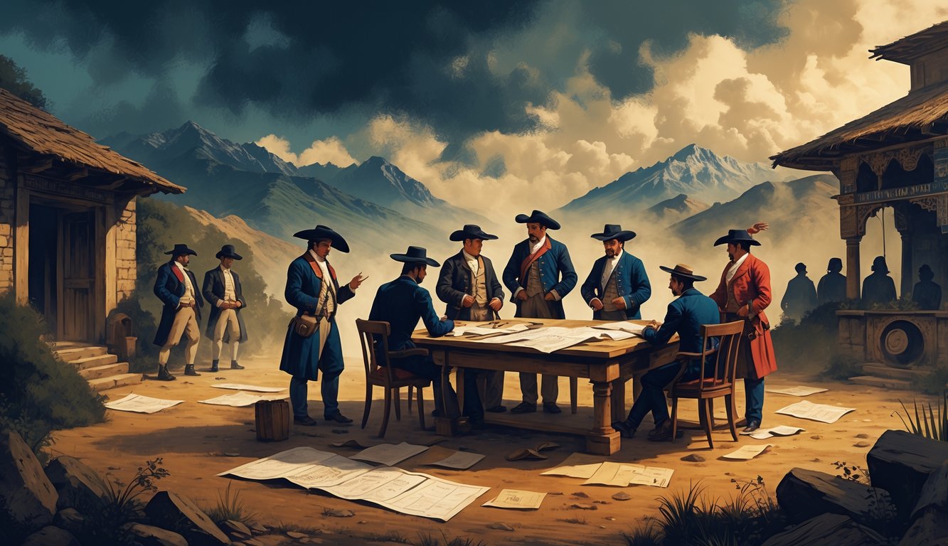 A group of 19th-century Bolivian revolutionaries gathered around a table with maps, set against an Andean mountain landscape with traditional buildings in the background.