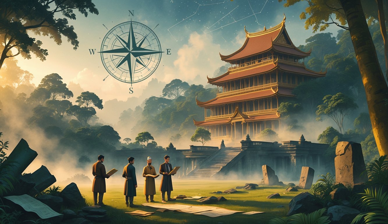 An ancient Bruneian palace surrounded by mist and tropical rainforest with hidden ruins, historians examining scrolls and maps in the foreground under sunlight.