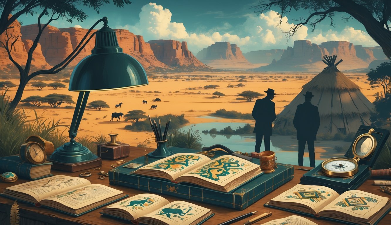 An outdoor scene showing a detective's desk with old books, manuscripts, and a magnifying glass, set against Botswana's landscapes with traditional huts and rock paintings, while shadowy figures investigate clues nearby.