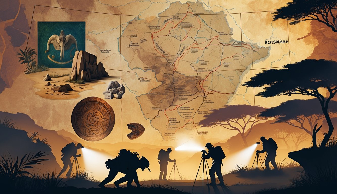 A montage showing Botswana's map with archaeological artifacts, explorers investigating, and mythical figures representing historical mysteries and ongoing investigations.