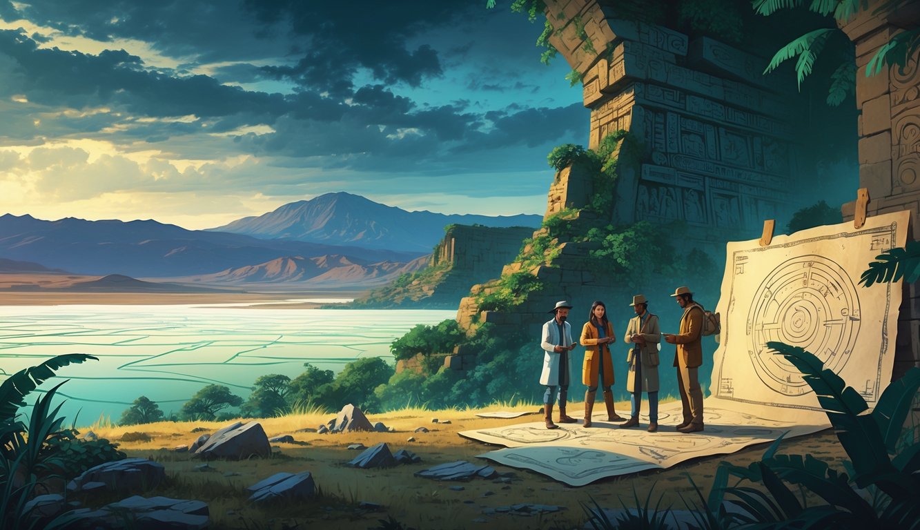 A panoramic scene showing Bolivia's salt flats, ancient ruins, and rainforest with researchers examining mysterious artifacts and maps.