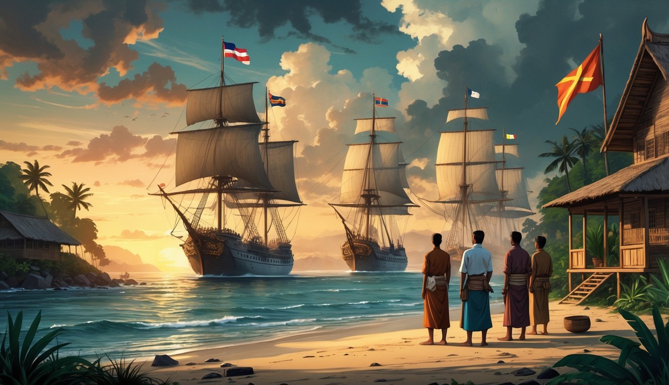 A coastal Bruneian village with traditional houses and people watching colonial ships approaching on the horizon under a dramatic sky.