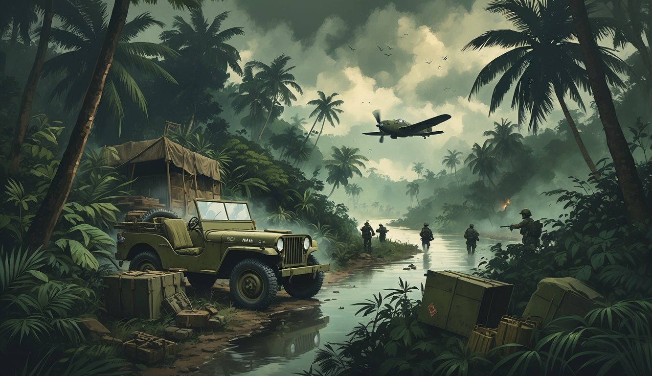 A jungle scene in Brunei during World War II showing soldiers moving through dense foliage near an abandoned military jeep and a camouflaged bunker, with a vintage airplane flying over a misty river.