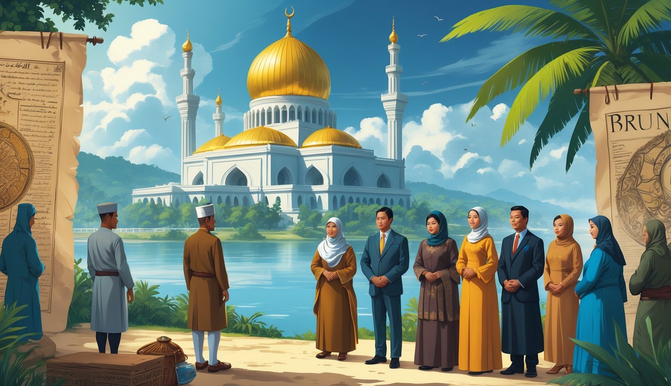 A view of Brunei's golden-domed mosque with people in traditional and modern clothing surrounded by historical artifacts and tropical scenery.