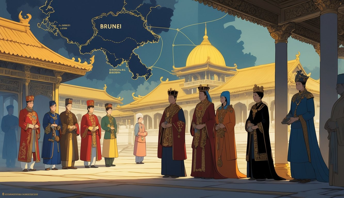 A royal palace in Brunei with traditional architecture, surrounded by royal figures in traditional attire holding scrolls, with ghostly silhouettes and a map in the background symbolizing family lineage and mysteries.