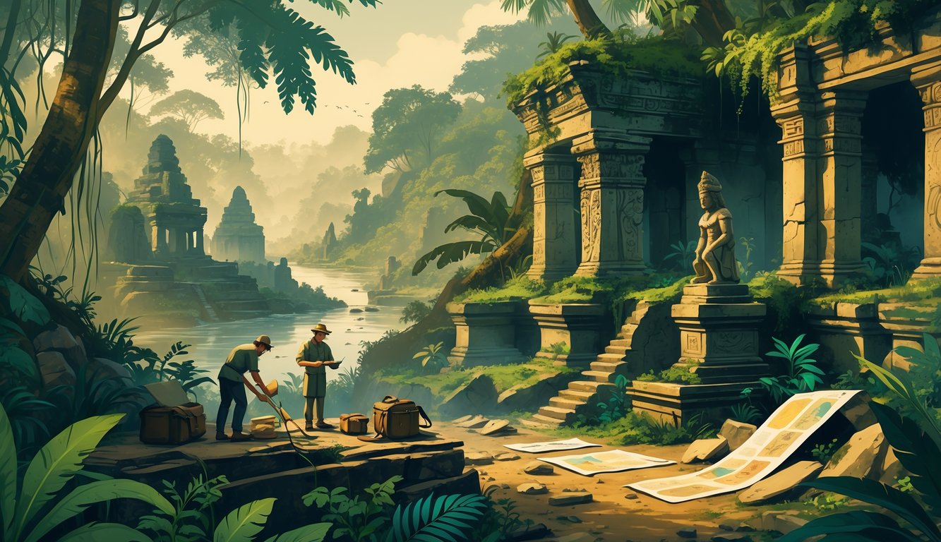 Archaeologists exploring overgrown ancient ruins in a dense jungle in Brunei, uncovering stone structures and artifacts near a river.