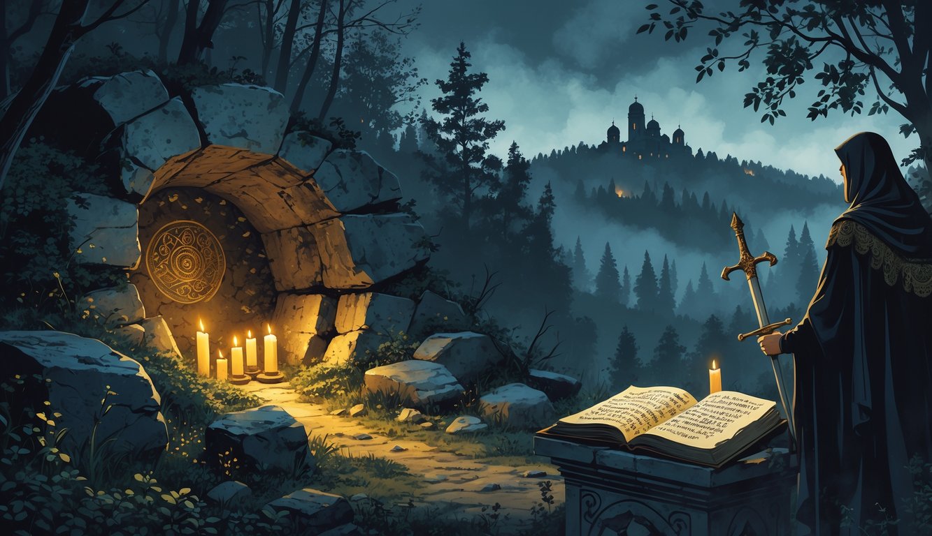 A mysterious scene showing an ancient tomb, golden artifacts, a monastery in the mist, an open manuscript with old text, a medieval knight, and a ghostly woman in traditional Bulgarian clothing.