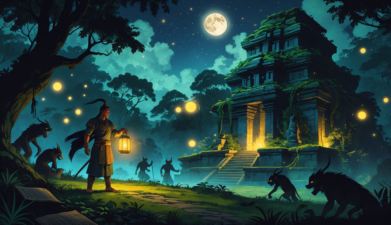 A nighttime tropical forest in Brunei with an ancient stone temple, glowing orbs, a warrior holding a lantern, and shadowy mythical creatures among the trees under a starry sky.