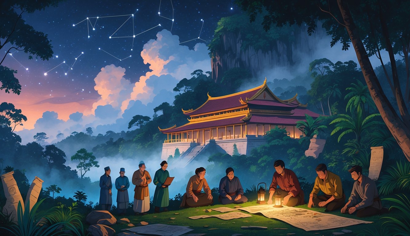 An ancient Bruneian palace surrounded by tropical forest with historians examining old maps and artifacts under a starry sky.
