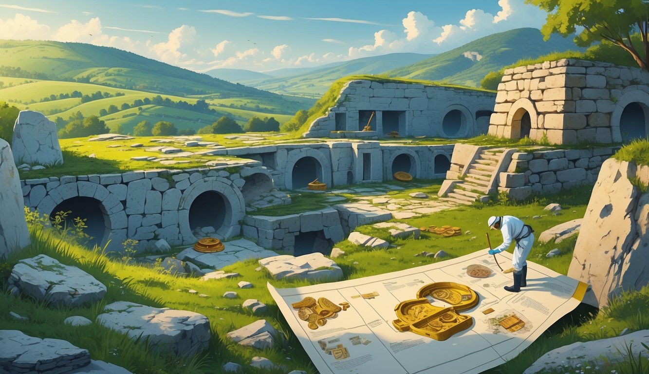 A panoramic view of ancient Bulgarian archaeological sites with archaeologists examining relics among stone ruins and green hills.