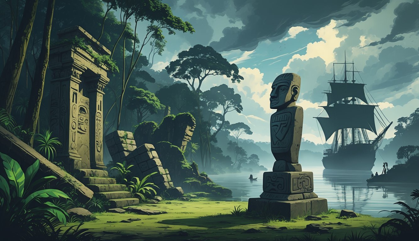 A scene showing ancient ruins in the Amazon rainforest, a mysterious stone statue with carvings, a colonial ship on a misty river, and subtle artifacts scattered around, evoking historical mysteries in Brazil.