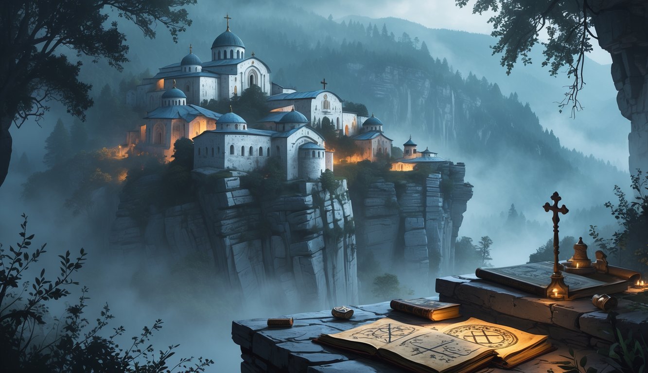 Ancient Bulgarian monasteries on cliffs surrounded by misty forests and mountains, with scattered ancient manuscripts on a stone altar in the foreground.