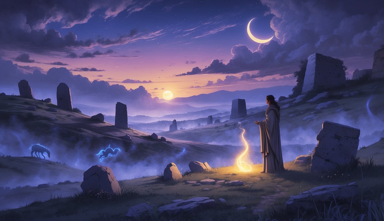 A mystical Bulgarian landscape at twilight with ancient stone ruins, a robed figure near a glowing artifact, and faint ghostly shapes of mythical creatures in the mist under a crescent moon.