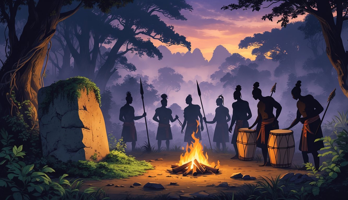 An ancient forest scene in Burundi with a moss-covered stone artifact, traditional drums and spears, and shadowy figures performing a ritual around a fire at dusk.