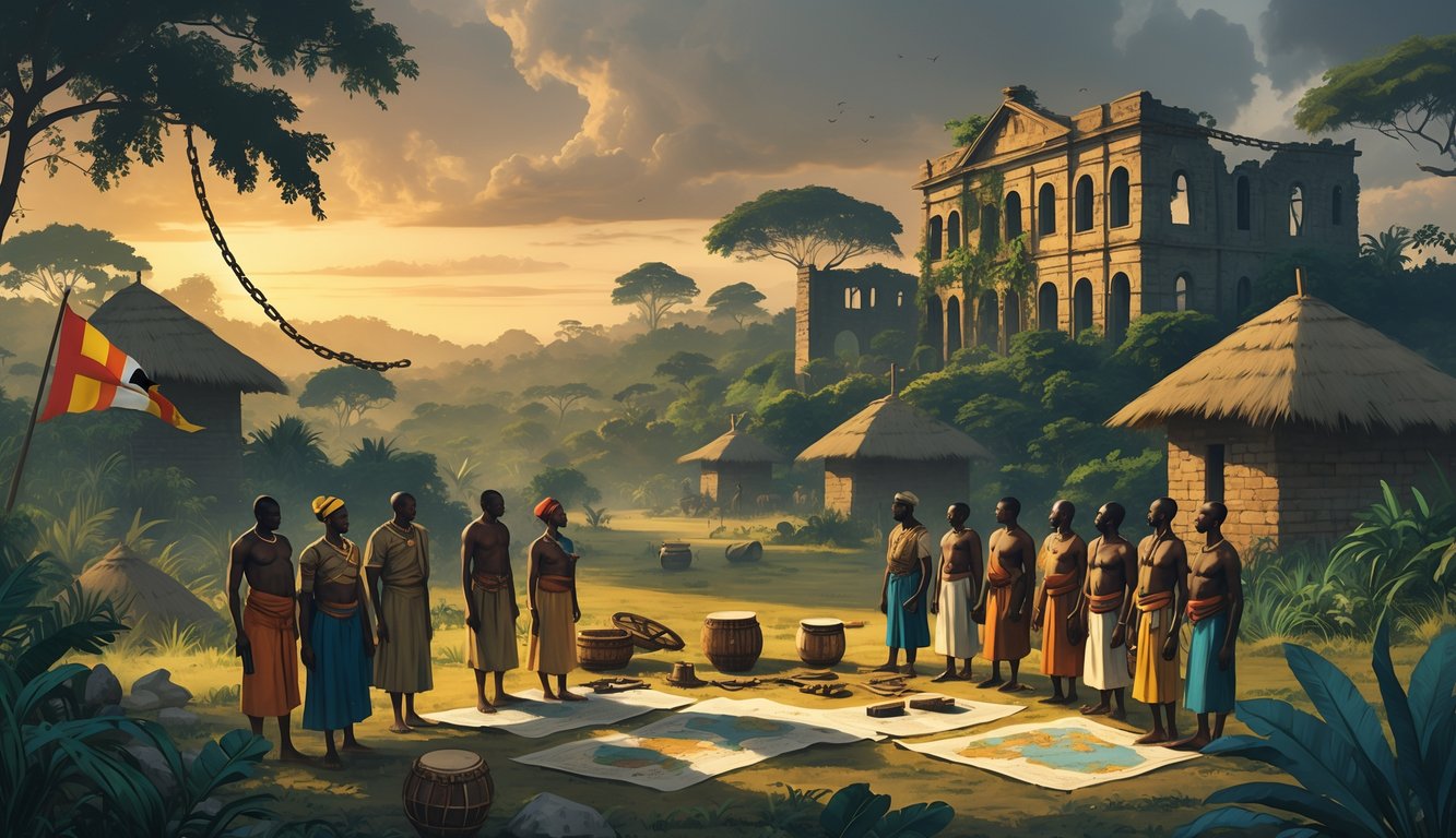 A group of Burundian people in traditional clothing gather around ancient artifacts near old colonial ruins in a jungle landscape at sunrise.