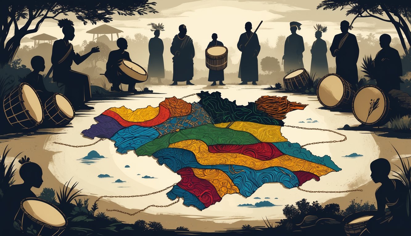An illustration showing a map of Burundi surrounded by symbolic figures and cultural elements representing ethnic divisions and historical tensions.