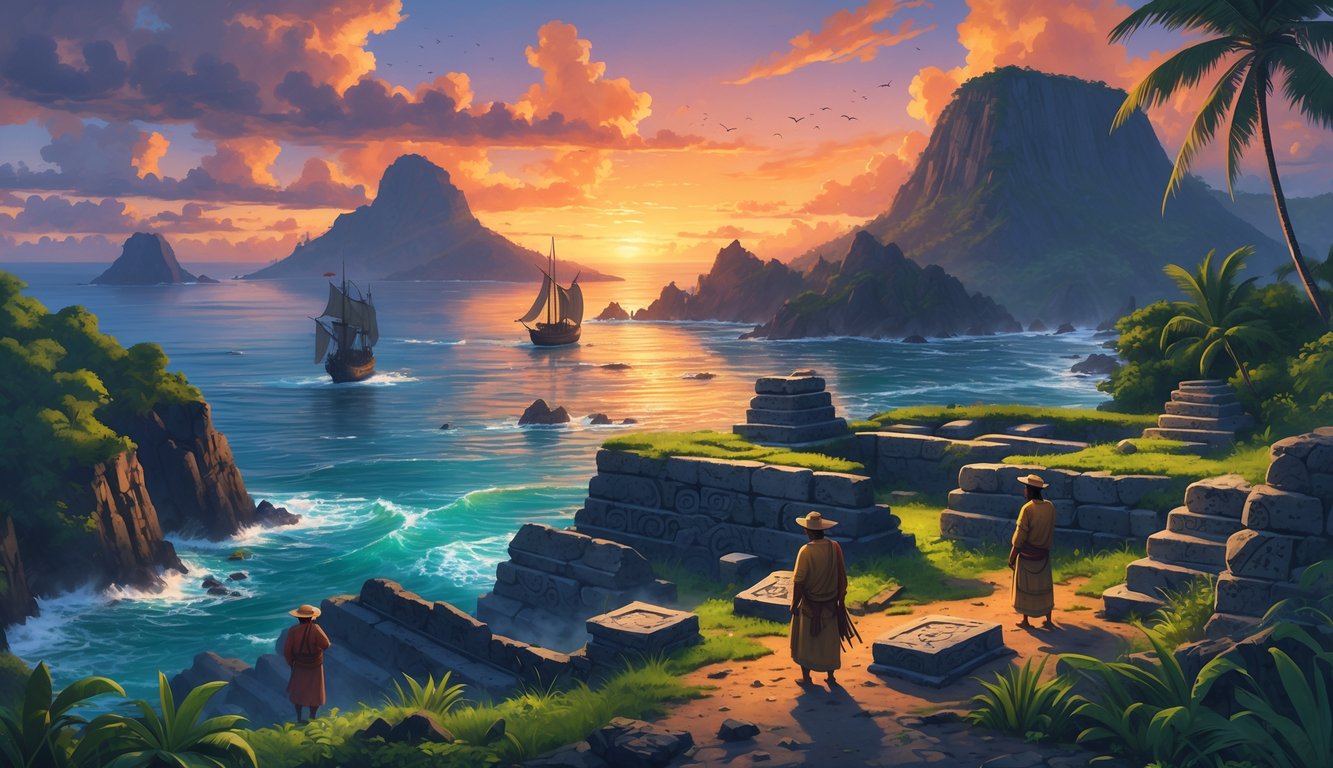 A coastal scene in Cabo Verde with ancient stone ruins, mysterious artifacts, a ghostly old sailing ship on the horizon, and local people examining the site.