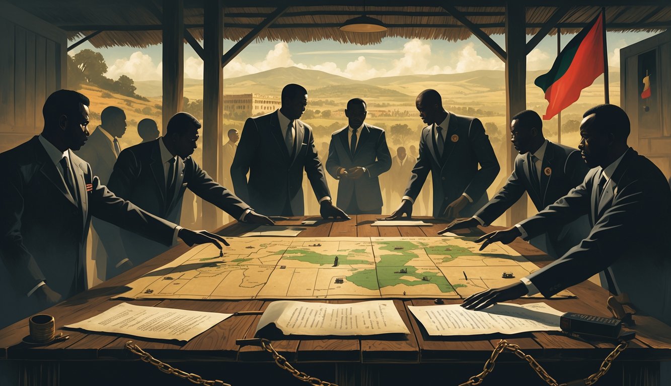 A group of people in a dim room around a table covered with maps and documents, with a Burundian landscape and a colonial building in the background, symbolizing political intrigue and power struggles.