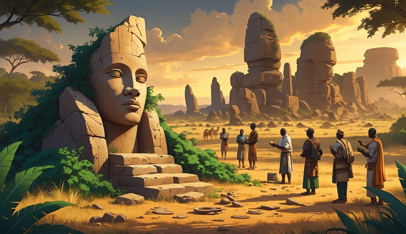 A scene showing ancient stone statues and ruins in a savanna with people examining artifacts, surrounded by natural landscape and cultural objects.