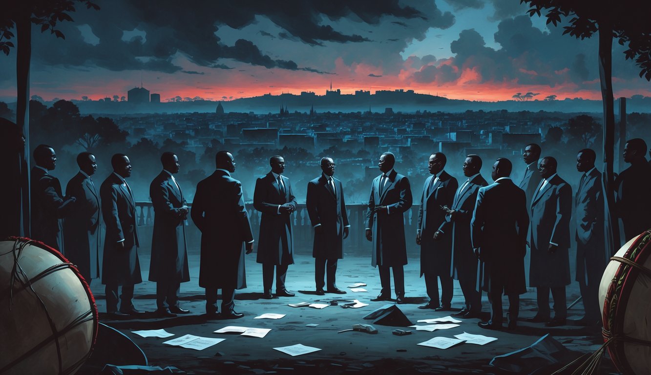 A tense scene showing political figures in traditional clothing gathered with a dark, stormy sky and a colonial-era city in the background, evoking mystery and unrest.