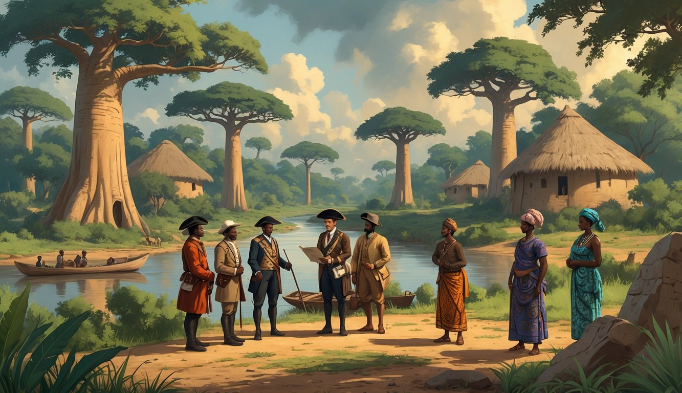 A group of European explorers and local Burkinabe people meeting in a dense West African landscape with baobab trees, traditional huts, and a river nearby.