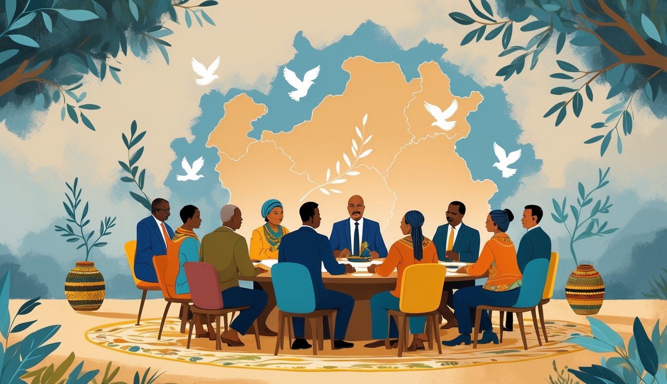 A group of Burundian leaders and citizens from different ethnic backgrounds sitting around a round table in peaceful discussion with symbols of peace and Burundi's map in the background.