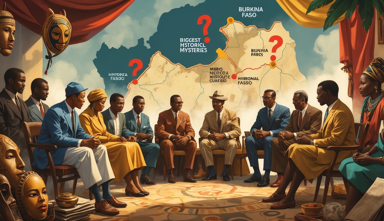 A group of people in 1950s-1960s clothing gathered around traditional Burkinabé artifacts and historical documents, with a map of Burkina Faso in the background marked with question signs.