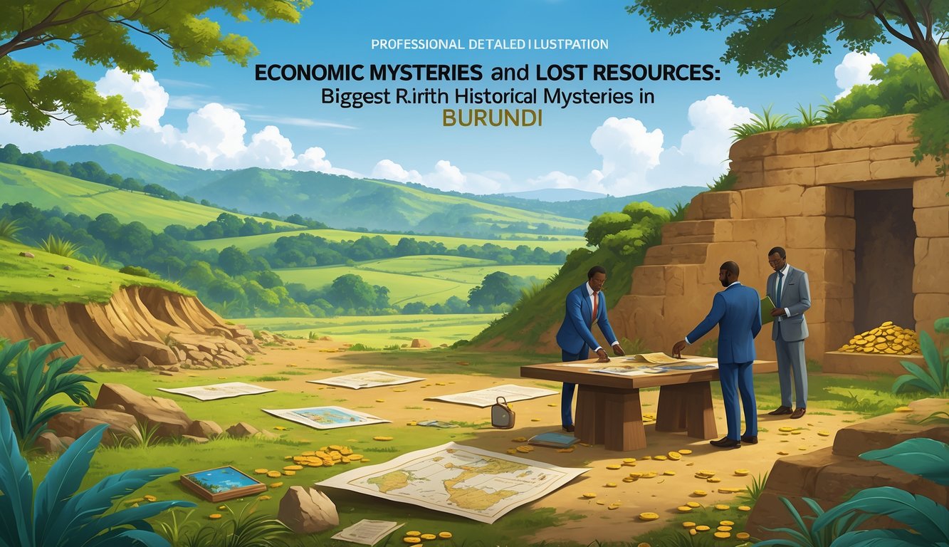 A group of researchers examining ancient artifacts and maps at an archaeological site in a green, hilly landscape in Burundi.