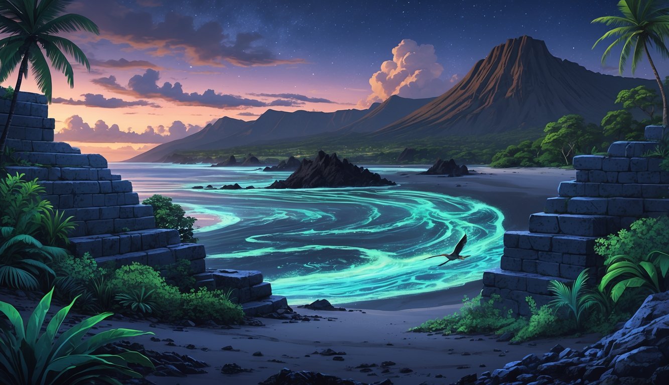 A coastal landscape with ancient stone ruins, volcanic mountains, black sand beaches, glowing ocean waves, and tropical wildlife under a twilight sky.