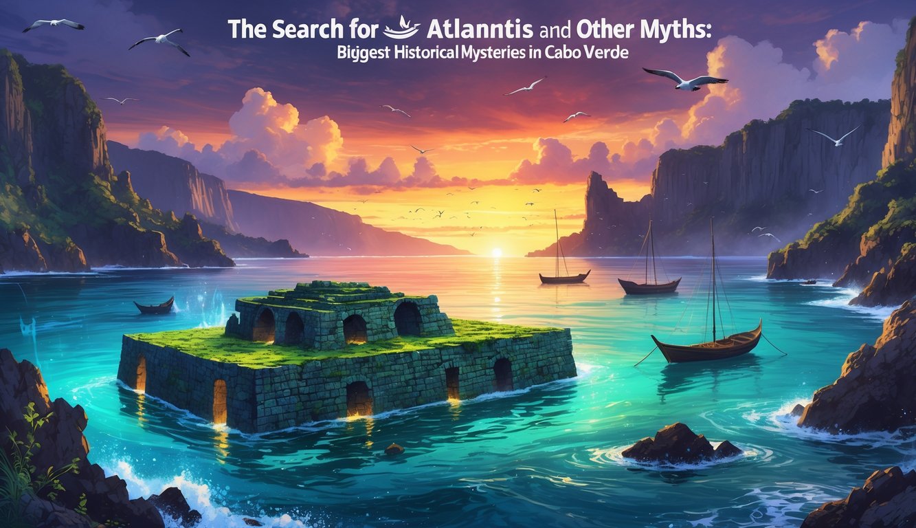 A coastal scene in Cabo Verde with volcanic cliffs, clear turquoise water, ancient submerged stone ruins, fishing boats near the shore, and a colorful sunset sky.