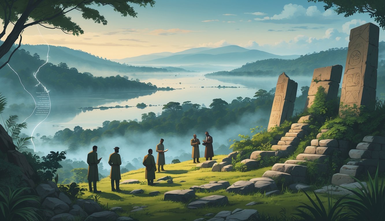 A landscape of Burundi with Lake Tanganyika, forests, and hills, showing historians examining ancient artifacts and stone ruins surrounded by mysterious symbols.