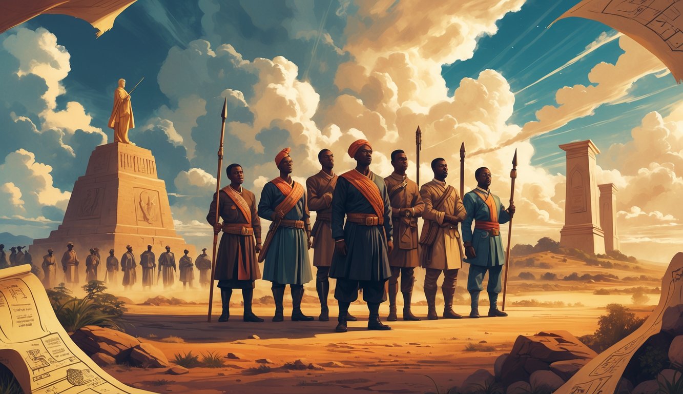 A group of people in traditional and revolutionary clothing stand united in front of a landscape with Burkinabe landmarks, surrounded by symbols of history and mystery.