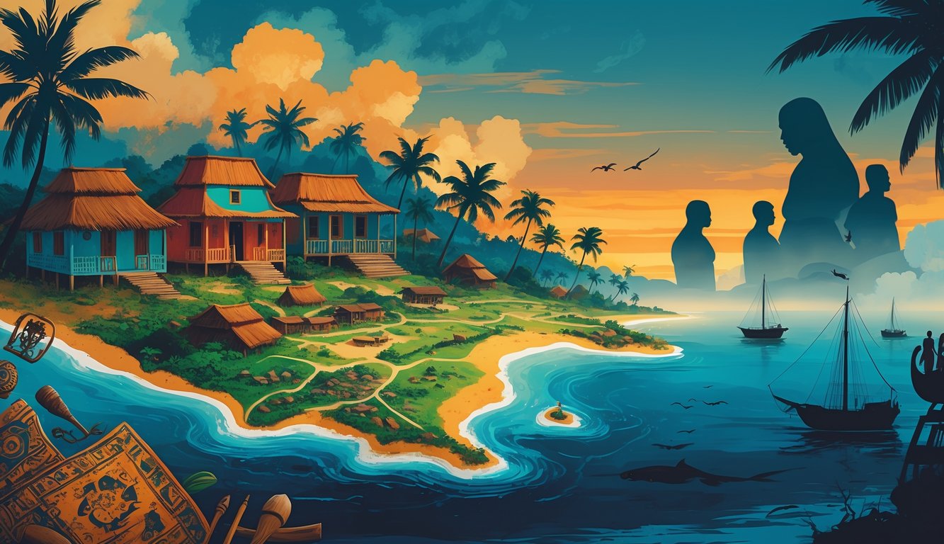 A scene showing traditional Cabo Verdean houses, musicians playing stringed instruments, ancestral figures, a map of the islands with historical artifacts, and a sky transitioning from dawn to dusk with faint sea creatures and ships.