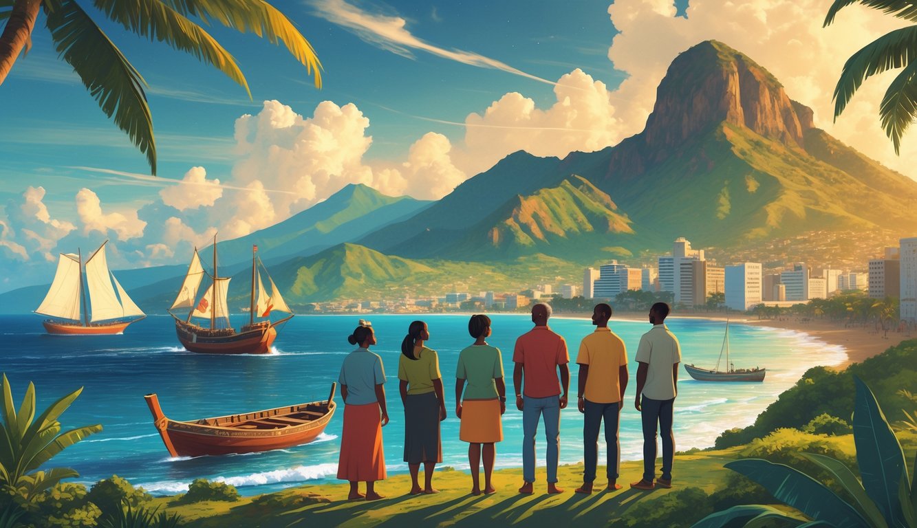 A coastal scene of Cabo Verde with boats on the ocean and a diverse group of people looking toward the horizon, surrounded by mountains and buildings representing the island's history and development.