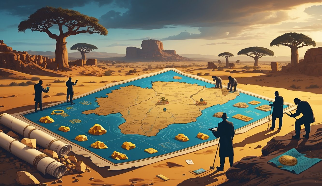 An illustration showing an ancient map of Burkina Faso with symbols of gold, artifacts, and natural resources, surrounded by people examining clues, set against a Sahelian landscape with baobab trees and rocky hills.