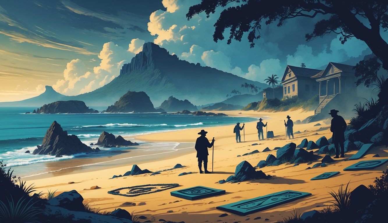 Coastal scene of Cabo Verde with ancient artifacts on the shore and explorers examining them, surrounded by volcanic islands and traditional houses.