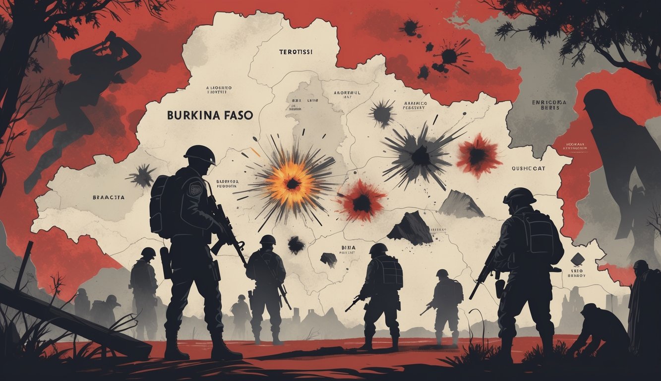 Illustration showing armed figures and abstract explosions over a map of Burkina Faso, with ghostly silhouettes and ancient artifacts representing historical mysteries.